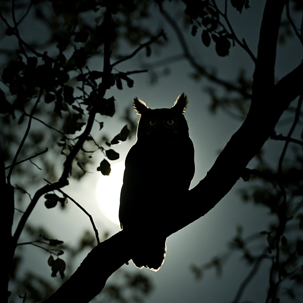 great horned owl in a tree at night